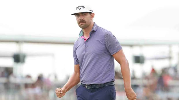 Erik van Rooyen of South Africa reacts after a putt on the 12th green during the final round of the 2023 World Wide Technology Championship in Mexico.